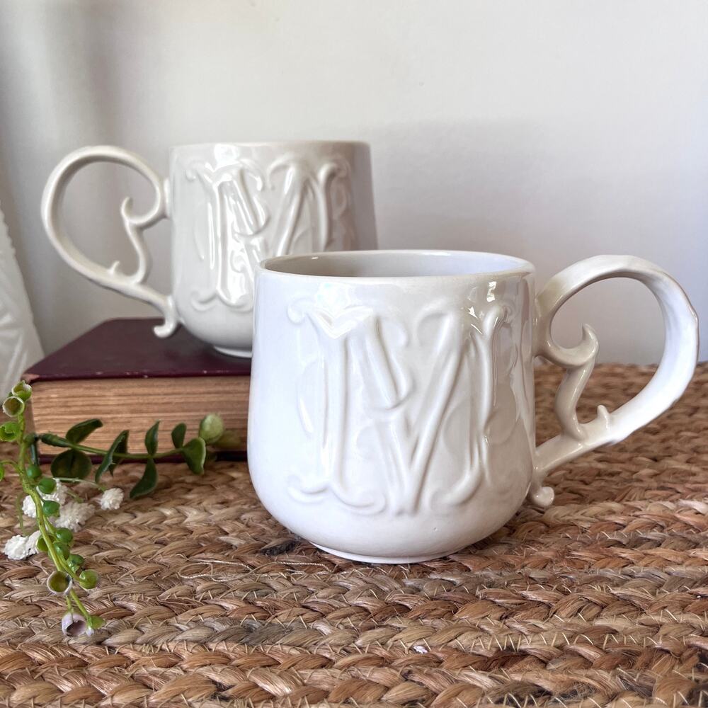 Set of 2 Pottery Barn A-Z Mugs Letter 'M' Ivory Ceramic Coffee Victorian Cottage